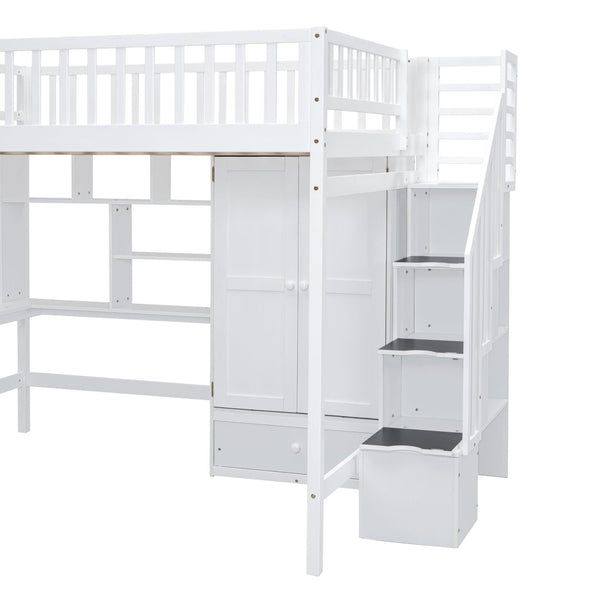 English Elm Full Size Kids Loft Bed with Integrated Desk Bookshelf Wardrobe and Storage Drawers White LT100669AAK