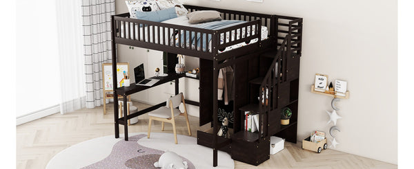 English Elm Full Size Kids Loft Bed with Integrated Desk Bookshelf Wardrobe and Storage Drawers Espresso LT100669AAP