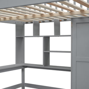 English Elm Full Size Kids Loft Bed with Integrated Desk Bookshelf Wardrobe and Storage Drawers Gray LT100669AAE