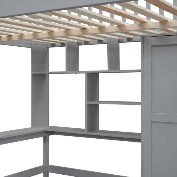 English Elm Full Size Kids Loft Bed with Integrated Desk Bookshelf Wardrobe and Storage Drawers Gray LT100669AAE