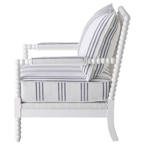 English Elm White Nautical Upholstered Stripe Accent Chair with Stacked-Sphere Spindle Arms, Coastal Linen Look - Elegant Cottage Statement Piece B062P145435