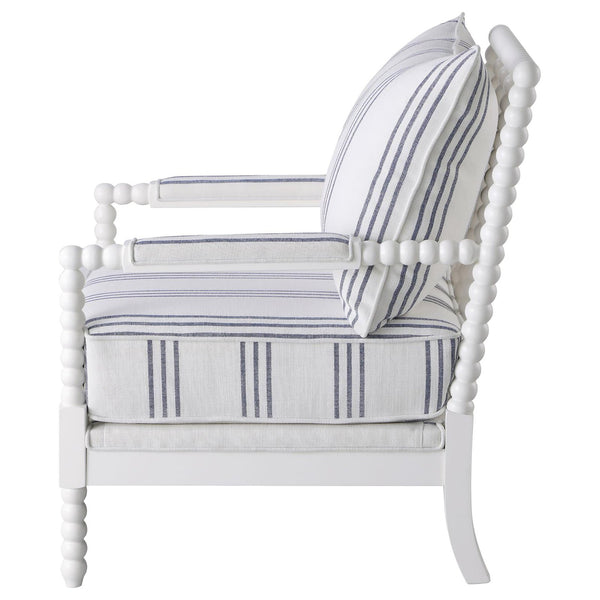 English Elm White Nautical Upholstered Stripe Accent Chair with Stacked-Sphere Spindle Arms, Coastal Linen Look - Elegant Cottage Statement Piece B062P145435