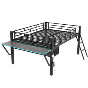 English Elm Gaming Mid Loft Bed with Desk & LED | Full Black Steel Platform, Vented Console Storage, 350lb Capacity GX000640AAB