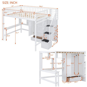English Elm Full Size Kids Loft Bed with Integrated Desk Bookshelf Wardrobe and Storage Drawers White LT100669AAK