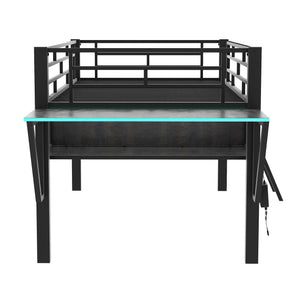 English Elm Gaming Mid Loft Bed with Desk & LED, Twin Black Steel Frame, Under-Bed Console Storage, Sturdy 350lb Capacity MF313231AAB