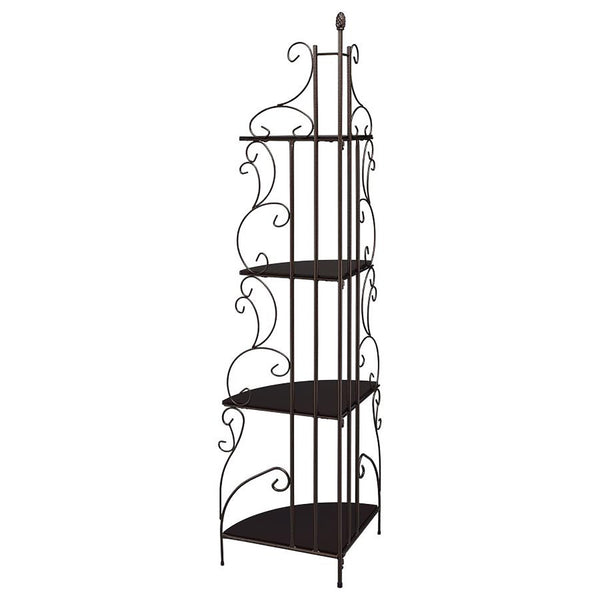 English Elm Cappuccino 4-Tier Corner Bookcase with Copper Scrollwork — Space-Saving Metal & MDF Display Shelf, 73.5" High B062P145489
