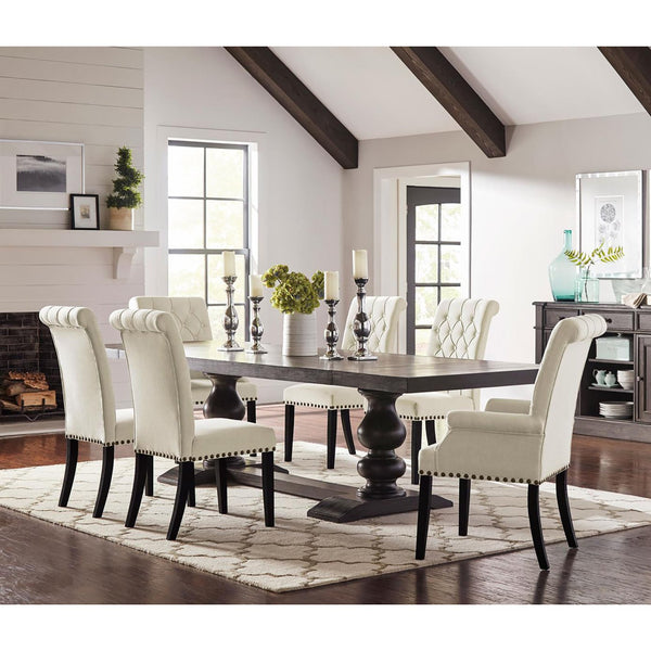 English Elm Beige Tufted Arm Chair with Diamond Button Back, Matte Gunmetal Nailhead Trim and Smokey Black Legs B062P145444