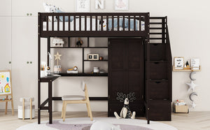 English Elm Full Size Kids Loft Bed with Integrated Desk Bookshelf Wardrobe and Storage Drawers Espresso LT100669AAP