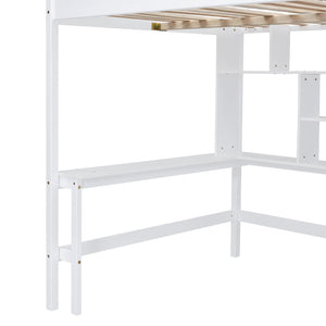 English Elm Full Size Kids Loft Bed with Integrated Desk Bookshelf Wardrobe and Storage Drawers White LT100669AAK