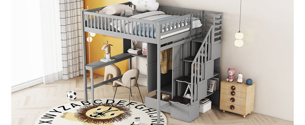 English Elm Full Size Kids Loft Bed with Integrated Desk Bookshelf Wardrobe and Storage Drawers Gray LT100669AAE