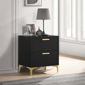 English Elm Black Black and Gold 2-Drawer Rectangular Nightstand with Gold Pulls and Bracket Legs, Space-Saving Luxury Storage B062P145592