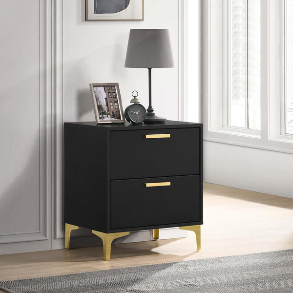 English Elm Black Black and Gold 2-Drawer Rectangular Nightstand with Gold Pulls and Bracket Legs, Space-Saving Luxury Storage B062P145592