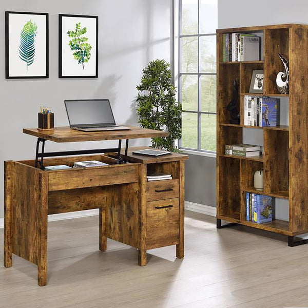 English Elm Antique Eaton Canyon 6-Tier Rectangular Bookcase in Nutmeg Finish — Rustic Metal Frame, 10 Shelves, 70.75" H B062P145466