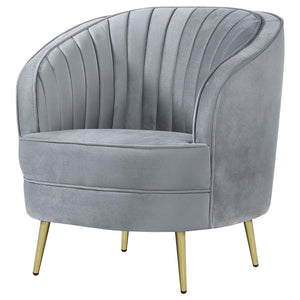 English Elm Grey Velvet Tufted Accent Chair with Gold Tapered Legs, Retro Barrel Shape, Welt Trim, Plush Seating B062P145585