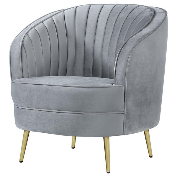 English Elm Grey Velvet Tufted Accent Chair with Gold Tapered Legs, Retro Barrel Shape, Welt Trim, Plush Seating B062P145585