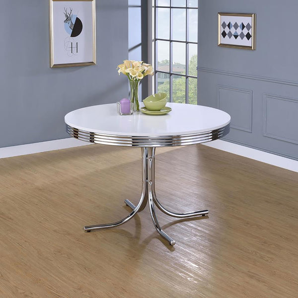 English Elm White 50s Retro Round Dining Table with Chrome Rim & Legs, Glossy White Top, Vintage Kitchen Nook Appeal B062P145478