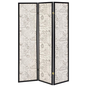 English Elm Beige French Country 3-Panel Folding Screen in Espresso Frame with Toile Script Print, 70" H B062P145591