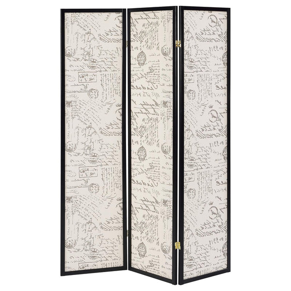 English Elm Beige French Country 3-Panel Folding Screen in Espresso Frame with Toile Script Print, 70" H B062P145591