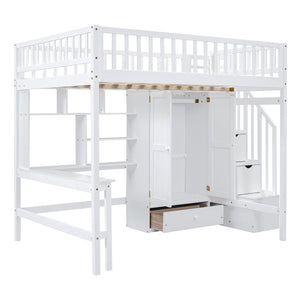English Elm Full Size Kids Loft Bed with Integrated Desk Bookshelf Wardrobe and Storage Drawers White LT100669AAK