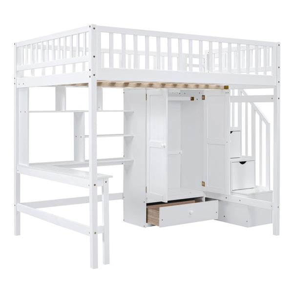 English Elm Full Size Kids Loft Bed with Integrated Desk Bookshelf Wardrobe and Storage Drawers White LT100669AAK