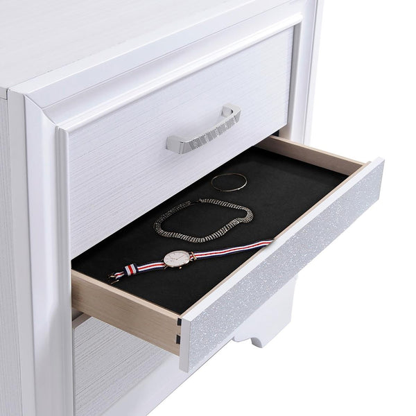 English Elm White Glam Nightstand with 2 Drawers, Hidden Felt-Lined Jewelry Tray, Crystal Pulls & Metallic Finish B062P145596