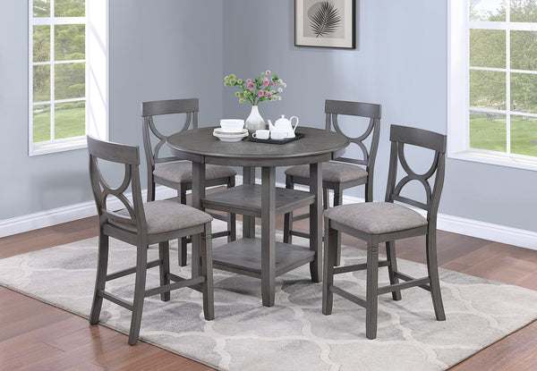 English Elm Counter Counter Height Dining Set with Oak Veneer Round Table, Padded Curve-Back Chairs & Storage Gray 48 L x 48 W x 16 H B011P145834