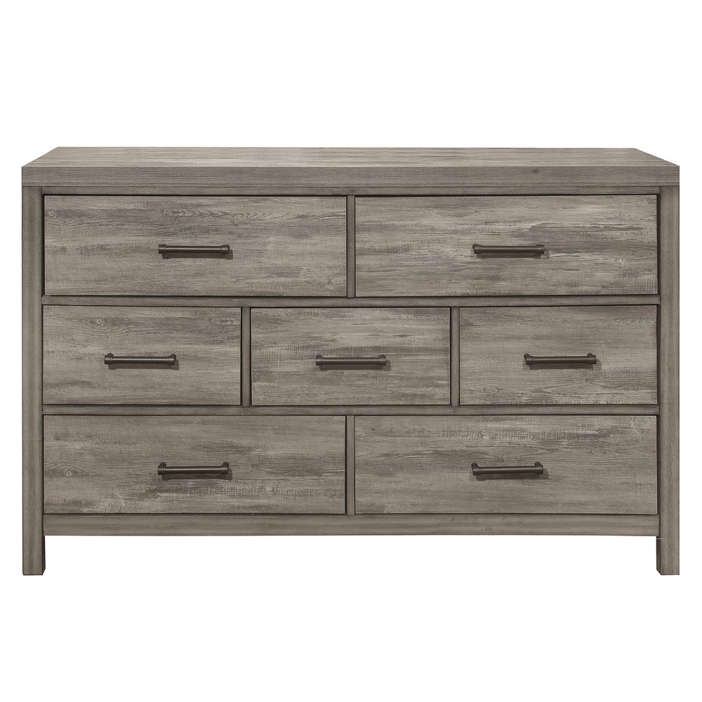 English Elm Rustic Bainbridge 7-Drawer Dresser in Weathered Gray Melamine Finish with Black Metal Bar Pulls, 58.5" B011P146008