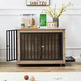 English Elm Furniture Style Dog Crate Side Table With Feeding Bowl, Wheels, Three Doors, Flip-Up Top Opening. Indoor, Grey, 38.58"W X 25.2"D X 27.17"H