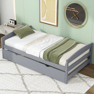 English Elm Twin Platform Bed with Trundle for Space-Saving Guest Sleepovers Durable Pine-MDF Twin Frame Gray WF313279AAE