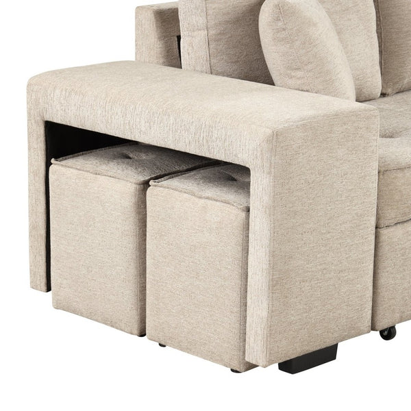 English Elm 104.5" Reversible L-shaped Sectional Sleeper Sofa with Storage Chaise and Linen Chenille Fabric Cream SG000432AAA