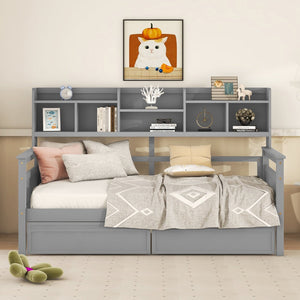 English Elm Twin Daybed with Under Bed Drawers and Built in Shelf Solid Pine Wood Frame Gray N708P245183E