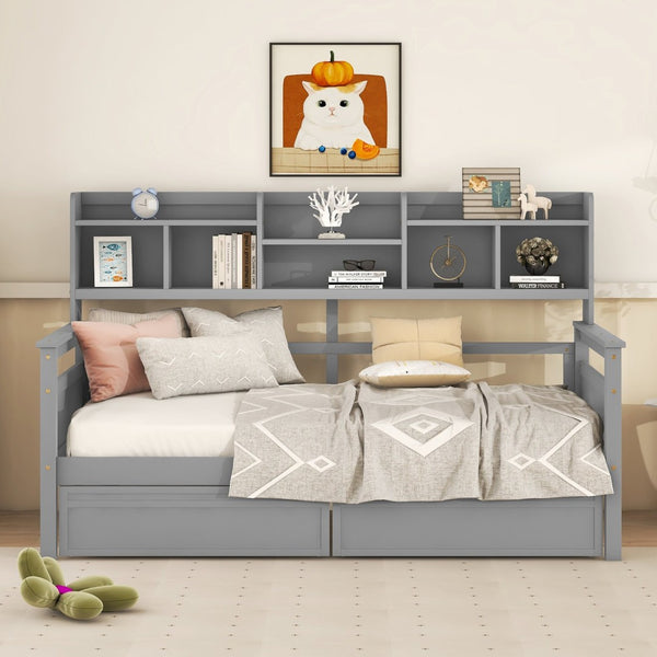 English Elm Twin Daybed with Under Bed Drawers and Built in Shelf Solid Pine Wood Frame Gray N708P245183E
