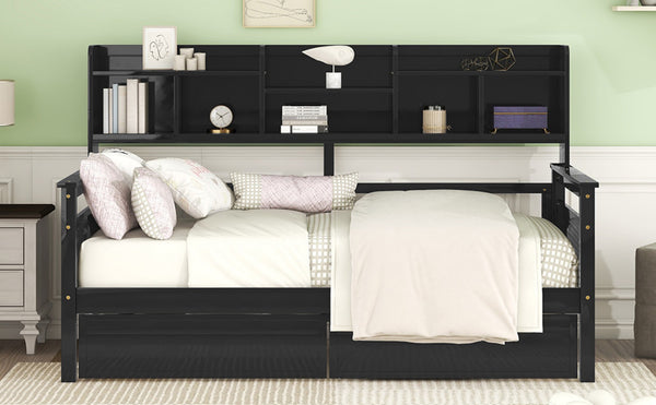 English Elm Twin Daybed with Under Bed Drawers and Built in Shelf Solid Pine Wood Frame Espresso N708P245183P