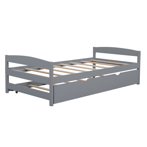 English Elm Twin Platform Bed with Trundle for Space-Saving Guest Sleepovers Durable Pine-MDF Twin Frame Gray WF313279AAE