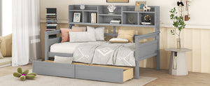 English Elm Twin Daybed with Under Bed Drawers and Built in Shelf Solid Pine Wood Frame Gray N708P245183E