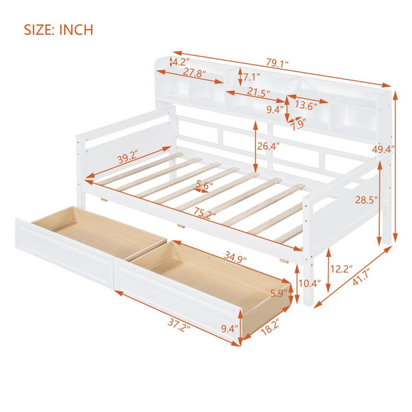 English Elm Twin Daybed with Under Bed Drawers and Built in Shelf Solid Pine Wood Frame N708P245183K