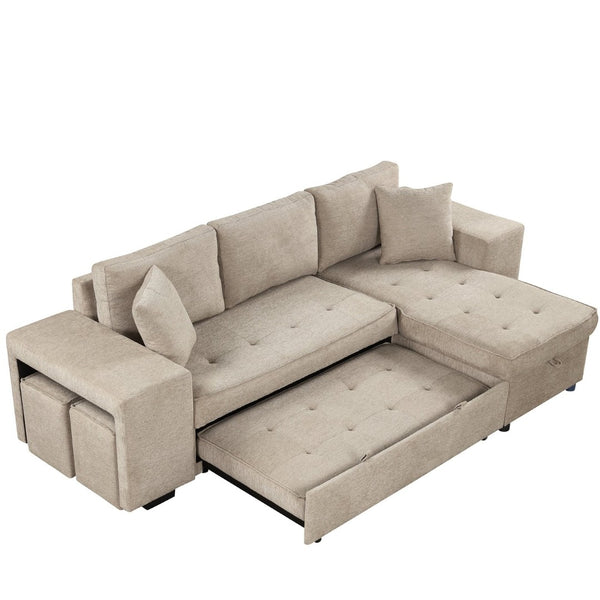 English Elm 104.5" Reversible L-shaped Sectional Sleeper Sofa with Storage Chaise and Linen Chenille Fabric Cream SG000432AAA