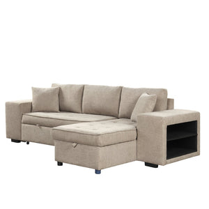 English Elm 104.5" Reversible L-shaped Sectional Sleeper Sofa with Storage Chaise and Linen Chenille Fabric Cream SG000432AAA