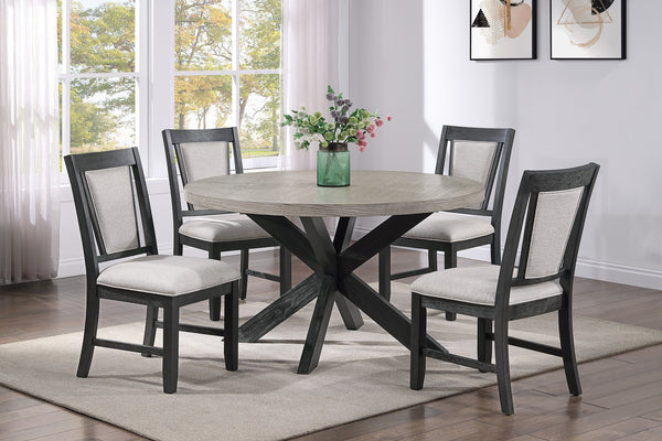 English Elm 5pc Round Dining Set with Two-Tone Light Woodgrain Top & Sculptural Base, Upholstered Chairs, Rustic-Modern Appeal B011S01804