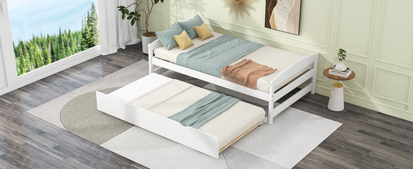 English Elm Twin Platform Bed with Trundle for Space-Saving Guest Sleepovers Durable Pine-MDF Twin Frame White WF313279AAK