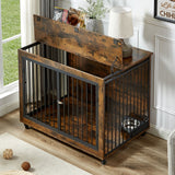 English Elm Furniture Style Dog Crate Side Table With Rotatable Feeding Bowl, Wheels, Three Doors, Flip-Up Top Opening. Indoor, Rustic Brown, 43.7"W X 30"D X 33.7"H