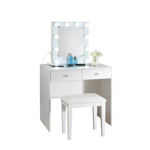 English Elm White Makeup Vanity with 10 LED Lights, USB & Power Outlet, Stool, 2 Drawers, Modern Luxurious Makeup Station B011P146014