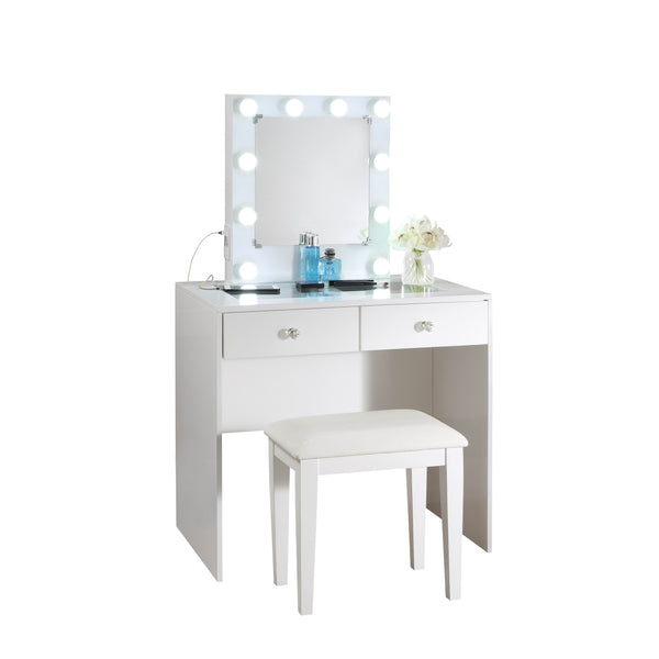 English Elm White Makeup Vanity with 10 LED Lights, USB & Power Outlet, Stool, 2 Drawers, Modern Luxurious Makeup Station B011P146014