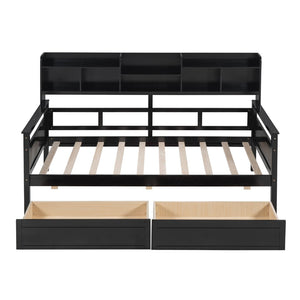 English Elm Twin Daybed with Under Bed Drawers and Built in Shelf Solid Pine Wood Frame Espresso N708P245183P