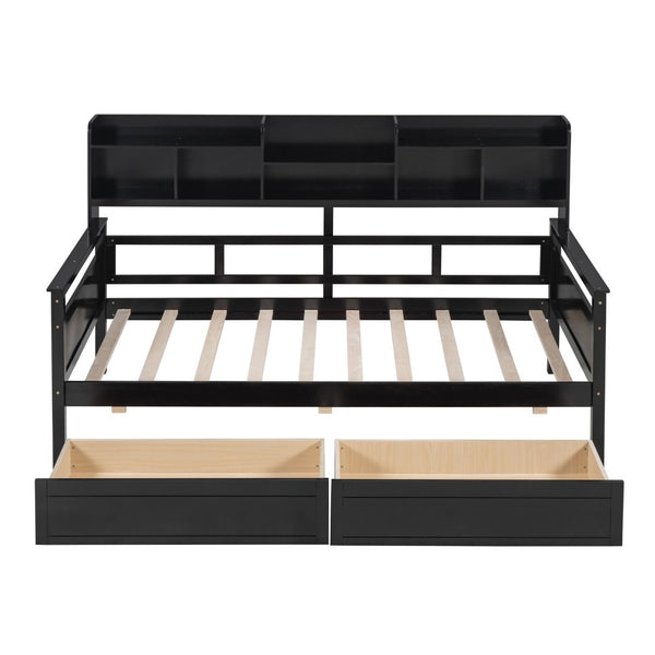 English Elm Twin Daybed with Under Bed Drawers and Built in Shelf Solid Pine Wood Frame Espresso N708P245183P