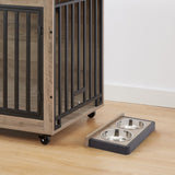 English Elm Furniture Style Dog Crate Side Table With Feeding Bowl, Wheels, Three Doors, Flip-Up Top Opening. Indoor, Grey, 38.58"W X 25.2"D X 27.17"H