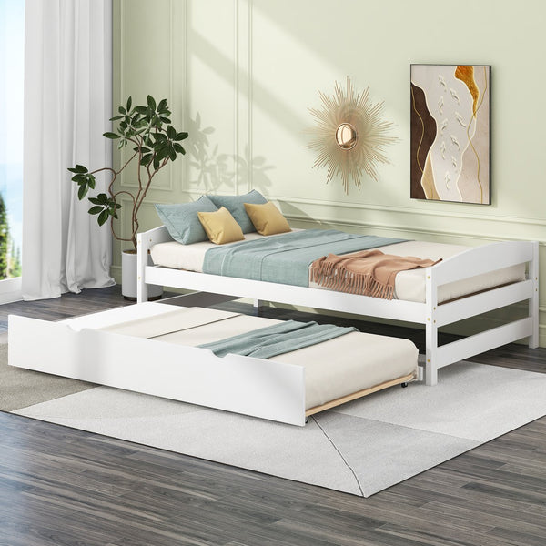 English Elm Twin Platform Bed with Trundle for Space-Saving Guest Sleepovers Durable Pine-MDF Twin Frame White WF313279AAK