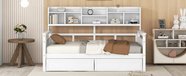 English Elm Twin Daybed with Under Bed Drawers and Built in Shelf Solid Pine Wood Frame N708P245183K