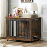 Rustic Brown Dog Crate Side Table w/ Rotatable Feeding Bowl, Wheels, 3 Doors, Flip-Up Top. 38.58