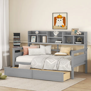English Elm Twin Daybed with Under Bed Drawers and Built in Shelf Solid Pine Wood Frame Gray N708P245183E